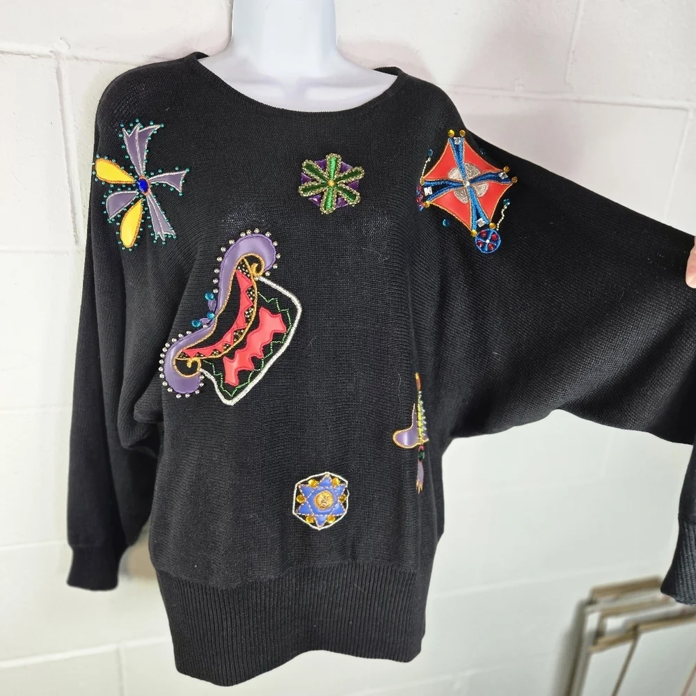 Vtg 80s 90s Cedars Abstract Wearable Art Embellished Dolman Sweater